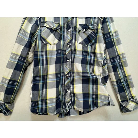 BKE Mens Athletic Fit Button-Up Shirt Sze L Navy/Yellow Plaid Casual Long Sleeve - Picture 5 of 10